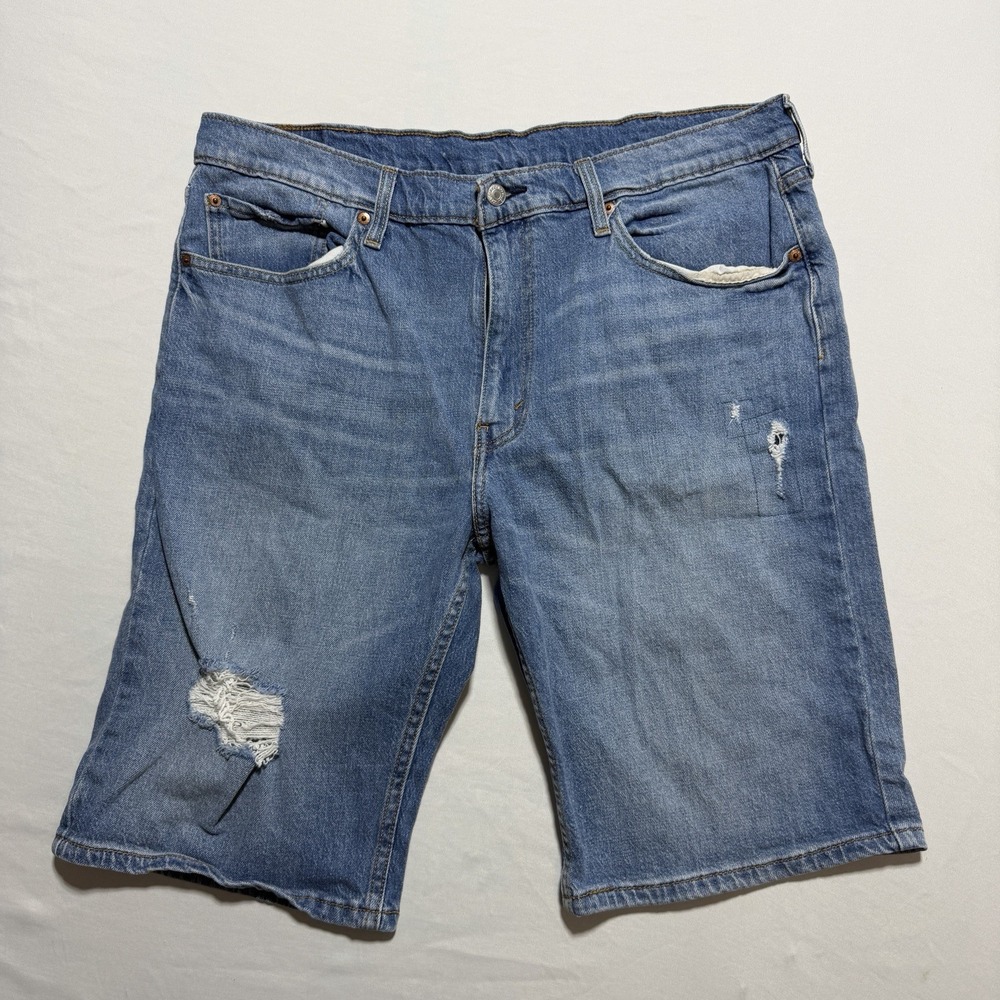 Levis 502 Denim Shorts Mens 38 Medium Wash Distressed Jean Shorts 57654-0017